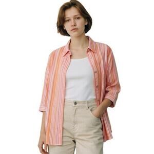 J.H. Collectibles Striped Blouse 💛🧡🩷 Medium 3/4 Sleeve Lightweight